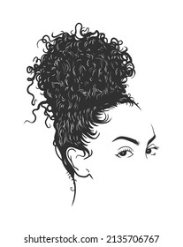 African pretty woman with afro and bun hairstyle portrait. Silhouette on white background. Vector. Illustration.
