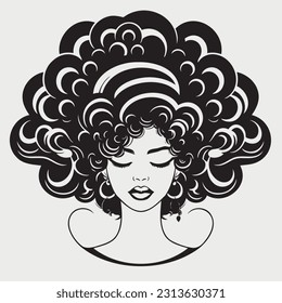 Mujer guapa africana con retrato de pelo afro y moño. Silhouette sobre fondo blanco. Vector.