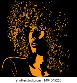 African pretty woman with afro hair style portrait silhouette in contrast backlight. Vector. Illustration.