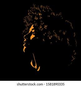 African Pretty Woman With Afro Hair Style Portrait Silhouette In Contrast Backlight. Vector. Illustration.