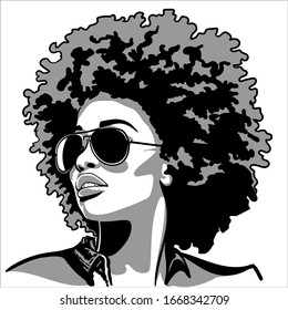 African Pretty Woman With Sunglasses With Afro Hair Style Portrait. Silhouette In Contrast Backlight. Vector. Illustration.