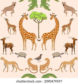 African print with African animals. Cheetahs, giraffes, impala, hyena, crocodile, turtle, quelea. Hoofed animals