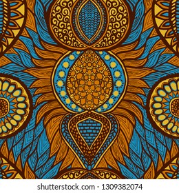 African print in blue, orange and yellow colors. Colorful ethnic seamless pattern