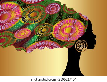 African print colorful turban head wrap, portrait beauty Woman in Afro hairstyles, logo design black women hair dress, vector Africa ethnic template isolated on gold background