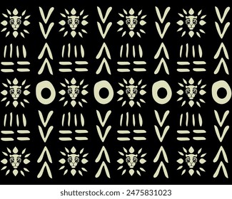 African print pattern with feline symbols, vector illustration.