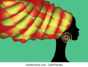 African print turban head wrap, portrait beauty Woman in Afro hairstyles, logo design black women hair dress, vector Africa ethnic template isolated on green background