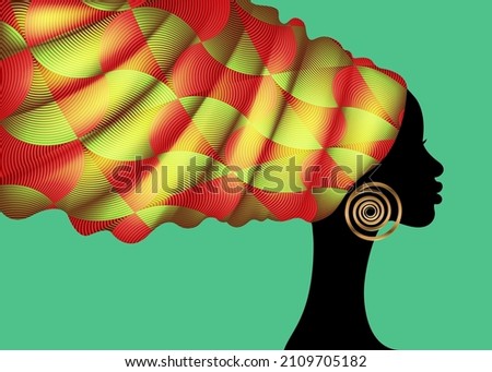 African print turban head wrap, portrait beauty Woman in Afro hairstyles, logo design black women hair dress, vector Africa ethnic template isolated on green background