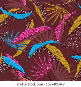 African prints in tropical forest leaves and foliage mood seamless pattern in vector ,Design for fashion , fabric, web ,wallpaper , and all prints on trendy maroon background color