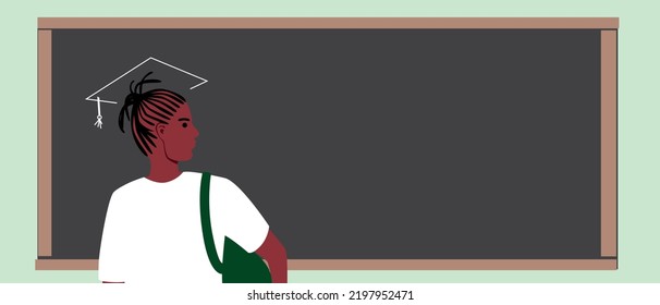 African pupil or teenager c bonnet at blackboard, flat vector stock illustration as copy space template