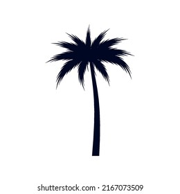 African Rainforest Coconut Tree or Tropical Palm Tree on White Background. Simple Black Silhouette for Eco Floral Logotype Emblem in Retro Art, or Travel Logo Design