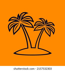 African Rainforest Coconut Trees or Tropical Palm Trees on Orange Backdrop. Simple Black Outline Silhouette for Eco Floral Logotype Emblem in Retro Art, or Travel Logo Design