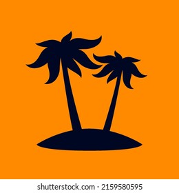 African Rainforest Coconut Trees or Tropical Palm Trees on Orange. Simple Black Silhouette for Eco Floral Logotype Emblem in Retro Art, or Travel Logo Design