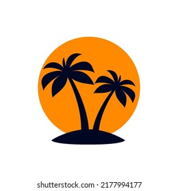 African Rainforest Coconut Trees or Tropical Palm Trees with Orange Sun on White Backdrop. Simple Black Silhouette for Eco Floral Logotype Emblem in Retro Art, or Travel Logo Design