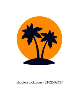 African Rainforest Coconut Trees or Tropical Palm Trees with Orange Sun on White Background. Simple Black Silhouette for Symbol Icon Traveling or Holiday Logo Template Design Inspiration