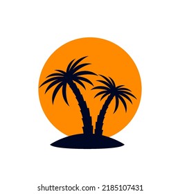 African Rainforest Coconut Trees or Tropical Palm Trees with Orange Sun on White Backdrop. Creative Symbol Outline for Eco Floral Logotype Emblem in Retro Art, or Travel Logo Design
