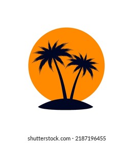 African Rainforest Coconut Trees or Tropical Palm Trees with Orange Sun on White. Creative Symbol Outline for Eco Floral Logotype Emblem in Retro Art