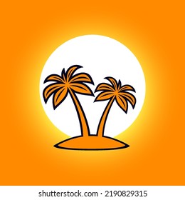 African Rainforest Coconut Trees or Tropical Palm Trees on Orange Backdrop. Simple Outline Silhouette for Travel Logo Design