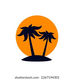 African Rainforest Coconut Trees or Tropical Palm Trees with Orange Sun on White Backdrop. Simple Black Silhouette for Symbol Icon Traveling or Holiday Logo Template Design Inspiration