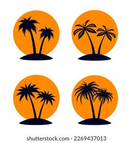 African Rainforest Coconut Trees or Tropical Palm Trees on Orange Backdrops. Simple Black Silhouette for Eco Emblem in Retro Art, or Travel Logo Design.