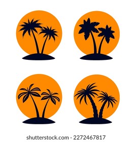 African Rainforest Coconut Trees or Tropical Palm Trees on Orange Backdrops. Set of Simple Black Silhouette for Eco Logotype Emblem in Retro Art, or Travel Logo Design on White Backdrop