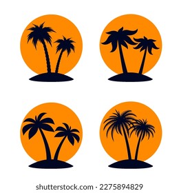 African Rainforest Coconut Trees or Tropical Palm Trees on Orange Backdrops. Set of Simple Black Silhouette for Eco Emblem in Retro Art, or Travel Logo Design on White Background