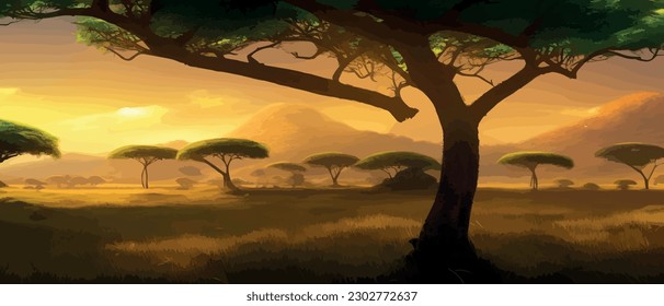 African rainforest. African jungle rainforest panorama with tropical vegetation, exotic fantasy landscape banner vector illustration. african savannah vector illustration