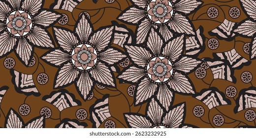 African Red floral pattern on a brown background. African style chrysanthemum or daisy pattern. Beautiful floral motif in colorful, sameless fabric African. Hand drawn flower lines. African wax print.
