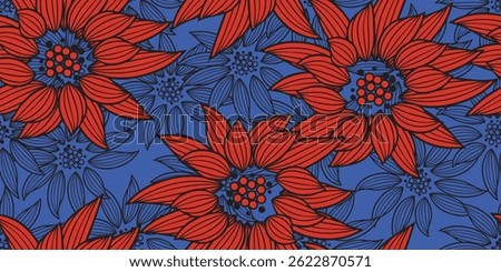 African Red floral pattern on a blue background. African style chrysanthemum or daisy pattern. Beautiful floral motif in colorful, sameless fabric african.Hand drawn floral lines.