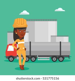 African refinery worker of oil and gas industry. Worker standing on the background of fuel truck and oil refinery plant. Woman working at refinery plant. Vector flat design illustration. Square layout