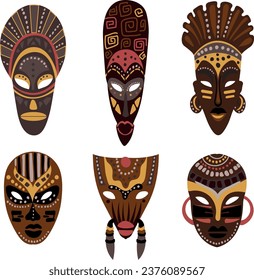 African religious mask set isolated on white background.