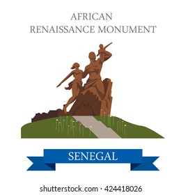 African Renaissance Monument in Dakar in Senegal. Flat cartoon style historic sight showplace attraction web site vector illustration. World cities vacation travel sightseeing Africa collection.