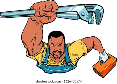 African repairman with an adjustable wrench rushes to the rescue. Pop art retro vector illustration 50s 60s style