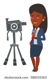 African reporter with microphone standing on the background with camera. TV reporter presenting the news. TV transmission with reporter. Vector flat design illustration isolated on white background.