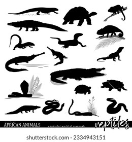 African reptile silhouettes set with wildlife scenes. African savannah animals. Vector illustration.	