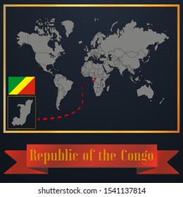 African Republic of the Congo national flag, realistic globe world map blank template, solid country outline silhouette, atlas for infographic, vector illustration set, isolated object, background