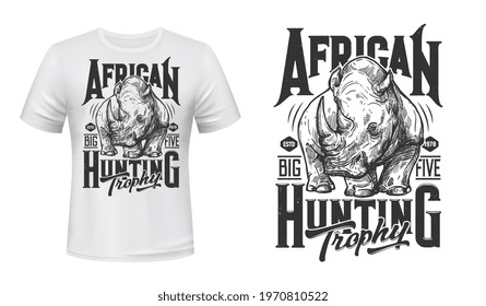 African rhino hunting t-shirt vector print. Black or white rhinoceros mascot engraved illustration and typography. Trophy hunting in Africa, Big Five game adventure clothing retro print mockup