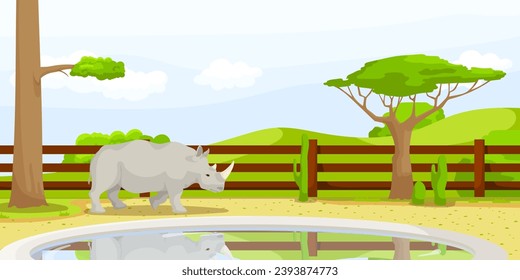 African rhino near fence with pond in zoo. Safari vacation. Natural wildlife. Cartoon design. Cute character. Picturesque landscape. Wild savanna with tree. Vector illustration