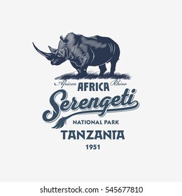 African Rhino, Serengeti national Park, Tanzania, in blue color, illustration, vector