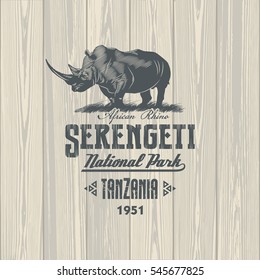 African Rhino, Serengeti national Park, Tanzania, on wooden background, illustration, vector