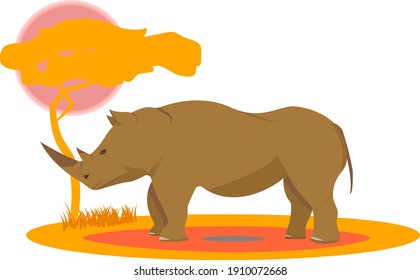 African Rhino vector illustration on transparent background. Sun in the horn desert.