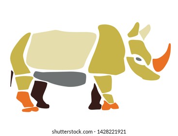 African rhino. Wild savanna animal rhinoceros. Contemporary paper cut style. Hand drawn cartoon. Colorful abstract illustration. Child, baby of infant print.