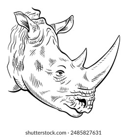 African rhinoceros. Animal head portrait. Big herbivorous mammal with a horn on its nose. Cartoon vector illustration. Hand drawn outline. Black ink sketch