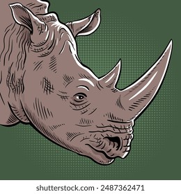 Nashorn. Tierkopf-Portrait. Großes pflanzenfressendes Säugetier mit einem Horn auf der Nase. In: Cartoon Vektorillustration. Handgezeichnete Kontur. Pop-Kunstfarbstil