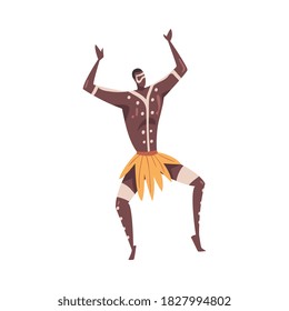 African Ritual Dance, Man Dancing Wearing Traditional Loincloth Cartoon Style Vector Illustration
