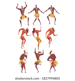 African Ritual Dance, People Dancing Wearing Traditional Costumes Cartoon Style Vector Illustration