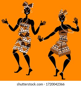 African ritual dance. Two dancing women in traditional costumes. Vector illustration 