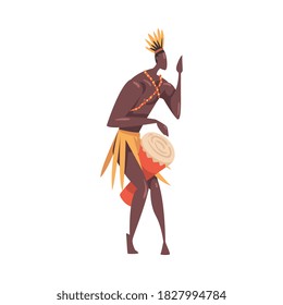 African Ritual Dance, Young Man Performing Folk Dance with Drum Wearing Traditional Costume Cartoon Style Vector Illustration