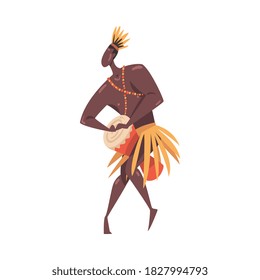 African Ritual Dance, Young Man Dancing wit Drum Wearing Traditional Costume Cartoon Style Vector Illustration