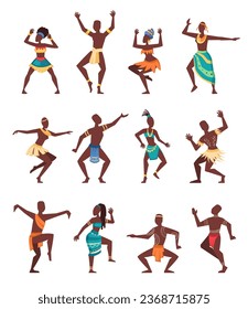 african ritual dancing. ancient traditional ceremony, cartoon aboriginal ethnic dancers. vector cartoon characters.