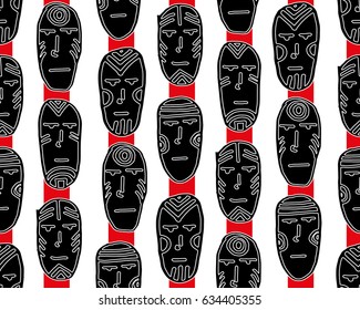 African ritual masks. Seamless pattern with faces. Vector illustration.